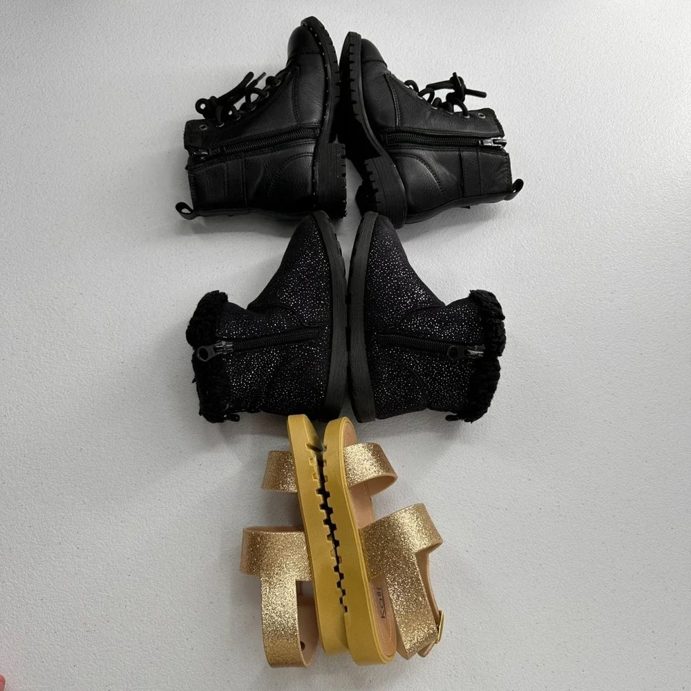 Set Of 3 Girls Shoes Black Combat Boots Gold Glitter Sparkle Sizes 8 & 9 Sandals
